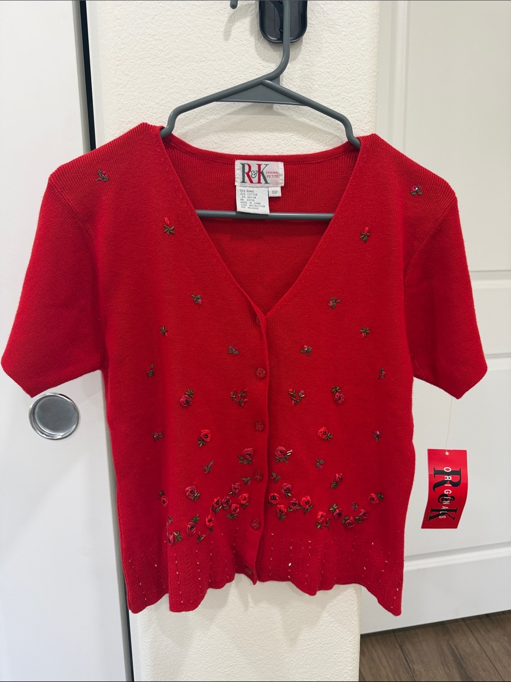 NWT R&K Originals Rose Red Embellished Short Sleeve Cardigan